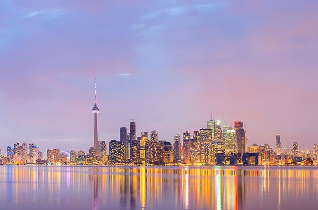 Toronto skyline at dusk.