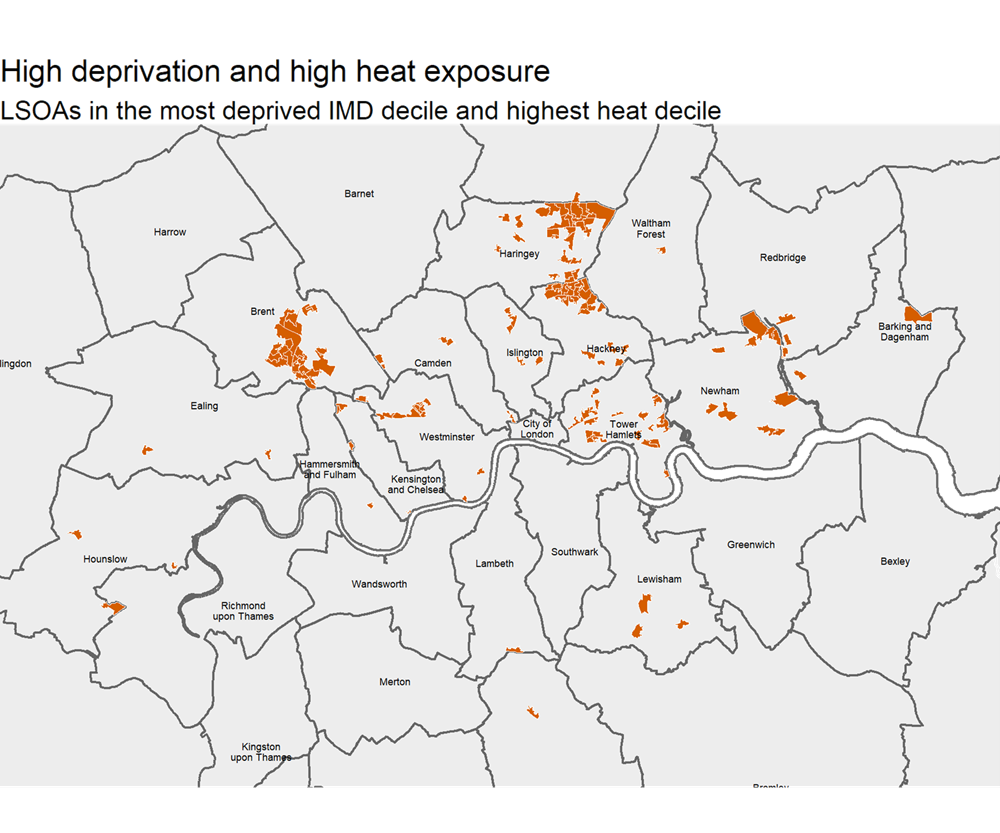 Map of London Boroughs showing areas of high deprivation.
