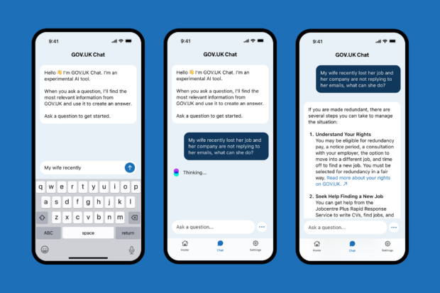 3 mobile phone screens displaying GOV.UK Chat. A user has asked "My wife recently lost her job and her company are not replying to her emails, what can she do?" and GOV.UK Chat has provided an answer that links to GOV.UK to check it.