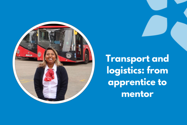 An image of Koli Begum smiling in a circle frame. Text on the right of it reads: "Transport and logistics: from apprentice to mentor"