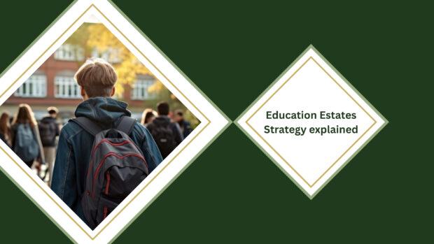 Image of student walking towards a school building. Text reads: Education Estates Strategy explained.