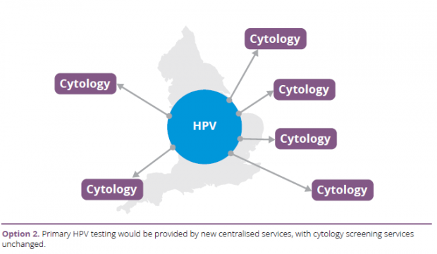Option 2: Primary HPV testing would be provided by new centralised services, with cytology screening services unchanged.