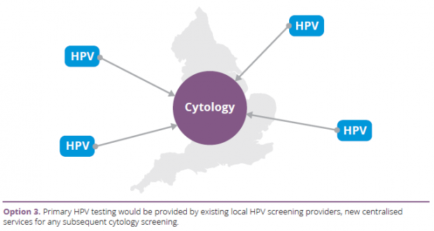 Option 3: Primary HPV testing would be provided by existing local HPV screening providers, new centralised services for any subsequent cytology screening.