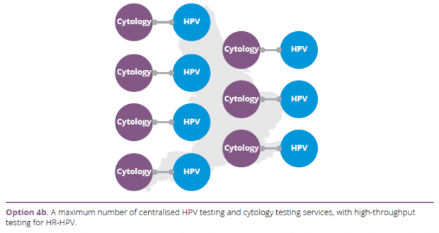 Option 4b: A maximum number of centralised HPV testing and cytology testing services, with high-throughput testing for HR-HPV.