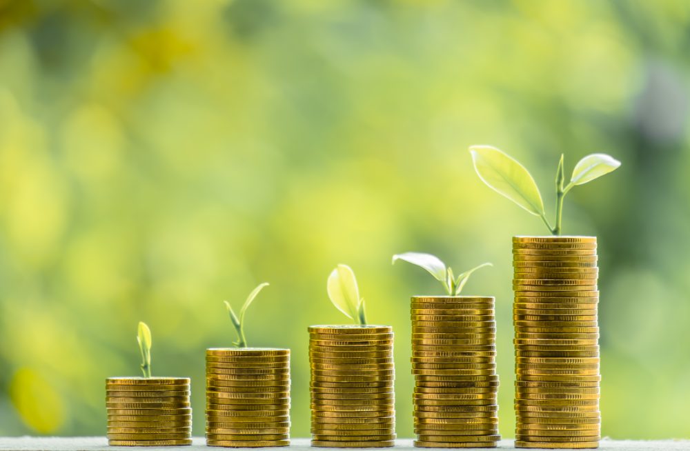 Five stacks of coins, increasing in height left to right. Each stack has a green shoot growing out of the top of it.