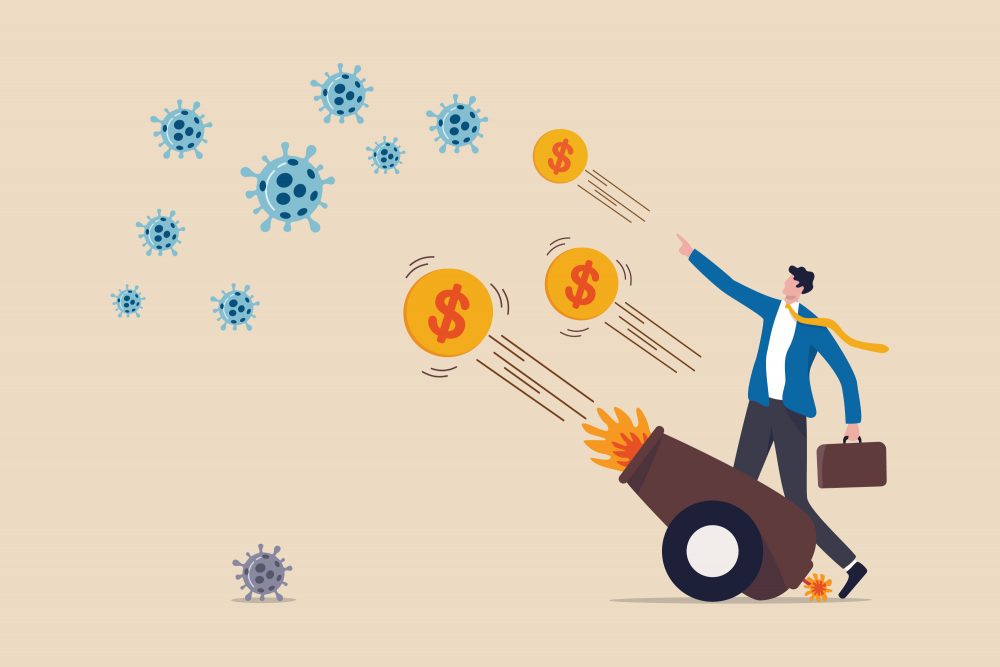 Depiction of a cannon firing balls with dollar signs on, at COVID-19 virus.