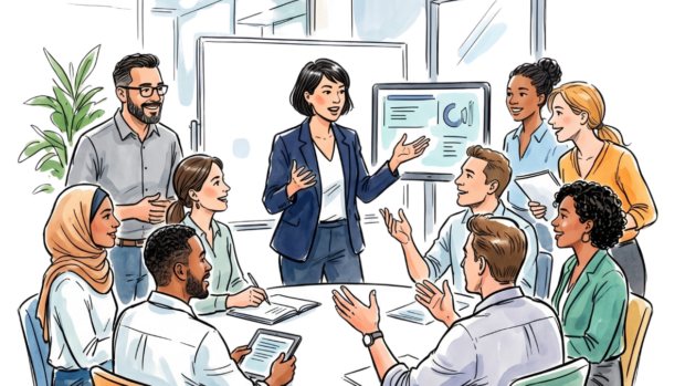 Graphic of diverse colleagues around a roundtable with smiles on their faces, a whiteboard in the background and display with a graph. Graphic by BuchArena from PixAbay