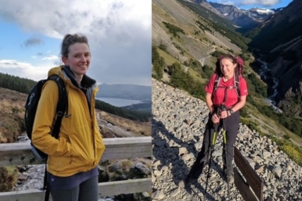 Photograph showing two women hiking in mountainous outdoor settings, each wearing backpacks and outdoor gear. The left woman wears a yellow jacket standing near a wooden railing with a lake and forest in the background, while the right woman wears a red shirt holding trekking poles on rocky terrain with a valley and snow-capped peaks behind her.
