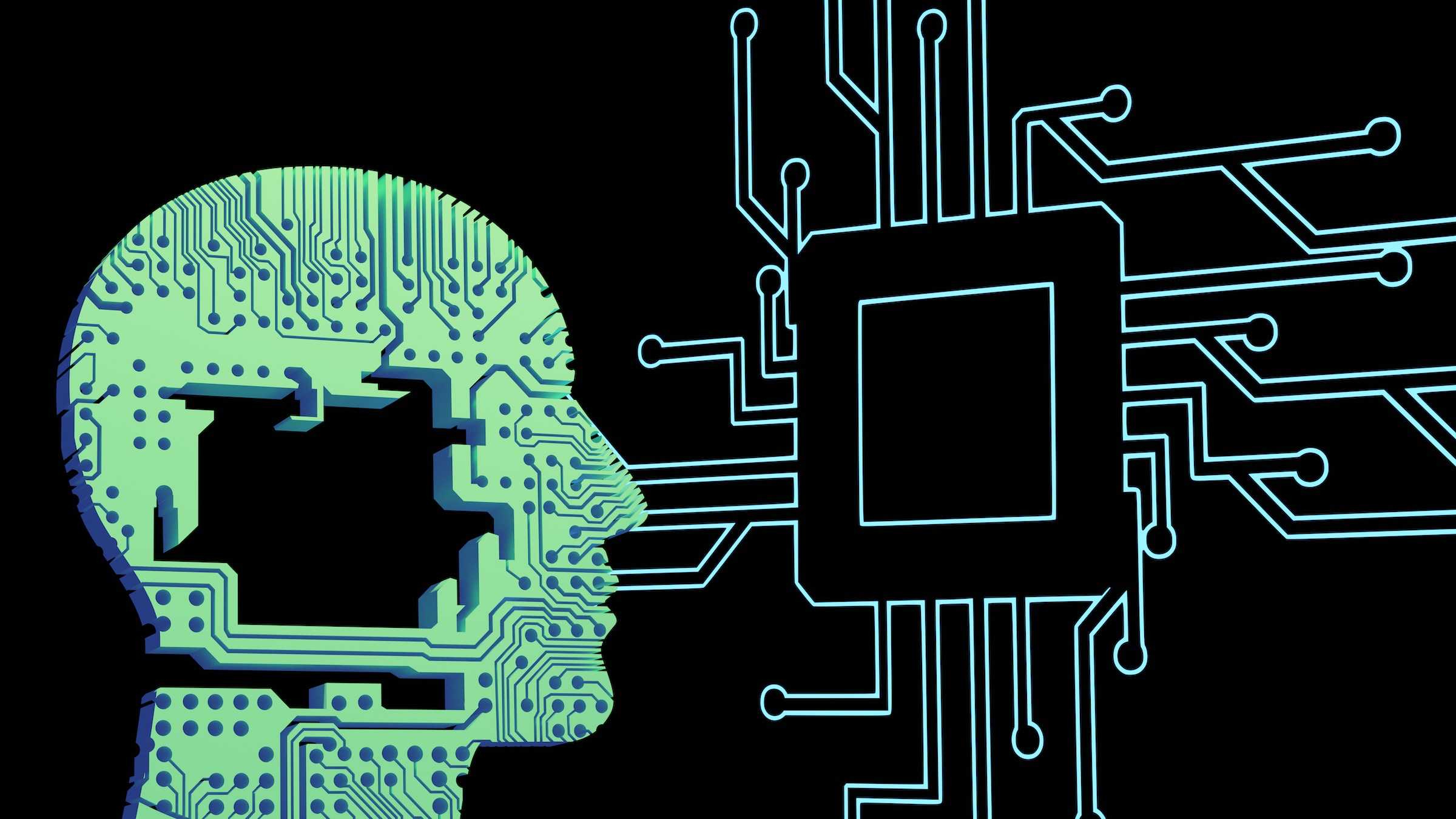 Visualisation of a head as a microchip. This green head is in profile on a black background and it is facing a rendition of a square with connectors coming off it.