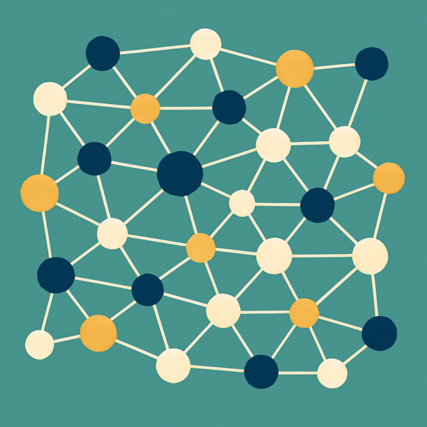 A digital illustration of a network of interconnected circles in navy blue, mustard yellow, and off-white, set against a teal background. The circles are linked by white lines, representing connections between nodes, symbolising API connectivity and data sharing across government. The design is clean, balanced, and professional.