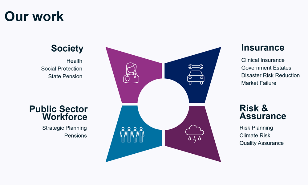 Infographic depicting 4 areas of GAD's work: Society, Insurance, Public Sector Workforce and, Risk and Assurance.