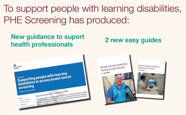 Infographic shows the professional guidance and 2 new easy guides. Words say: To support people with learning disabilities, PHE has produced new guidance and easy guides.