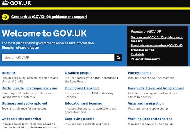 A screenshot of the GOV.UK homepage