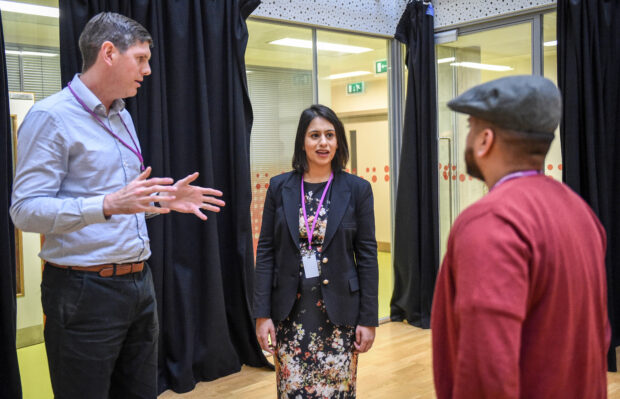 Picture of Lead Commissioner, Sara Khan meeting two people from Poplar HARCA in Tower Hamlets