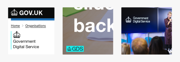 The new logo in a few different contexts: GOV.UK page, slide deck template, as a stage backdrop