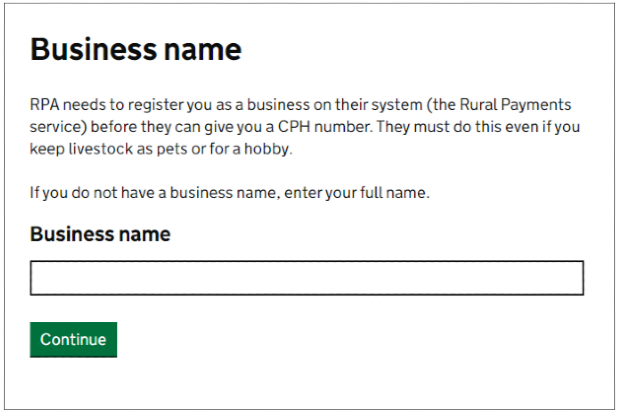 A screenshot from the online CPH form. It shows the 'Business name' form field with accompanying hint text explaining users must enter their full name if they do not have a business name.