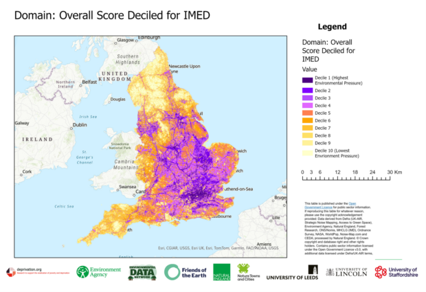 Screenshot of the IMED tool, showing a map of the UK colour coded by IMED score.