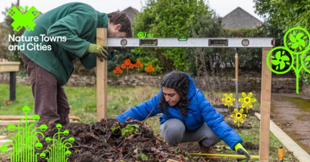 Photograph of two people working in an allotment on a rainy day, overlayed with the Nature Towns and Cities logo and graphics of flowers and swirls in green and orange.