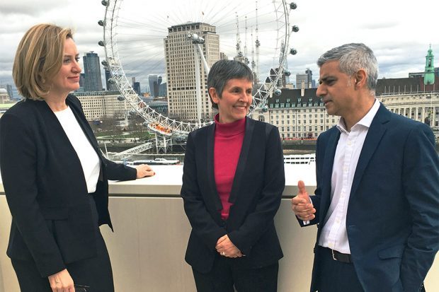 Home Secretary Amber Rudd, next Met Police Commissioner Cressida Dick and Mayor of London Sadiq Khan