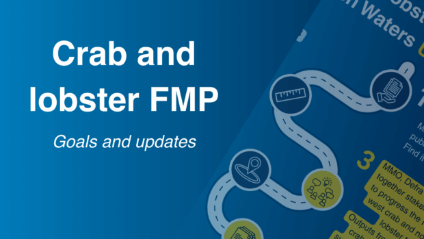 Blue and white poster displaying "Crab and Lobster FMP Goals and Updates" in bold text.
