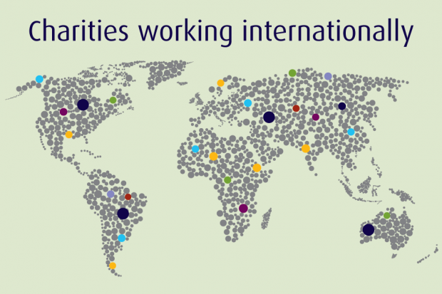 A world map with the words 'Charities working internationally'.
