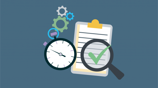 A graphic showing a clockface, a magnifying glass with a tick, and a clipboard