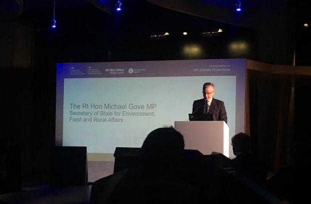 Environment Secretary Michael Gove speaking on stage at the launch of the UKCCP.