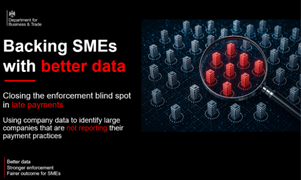 Illustration showing a grid of companies, with some highlighted in red under a magnifying glass to represent identifying large companies not reporting on payment practices. Accompanied by text about using data to tackle late payments and close enforcement gaps.