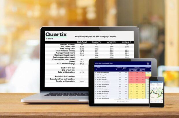 Laptop, tablet and smartphone showing Quartix data.