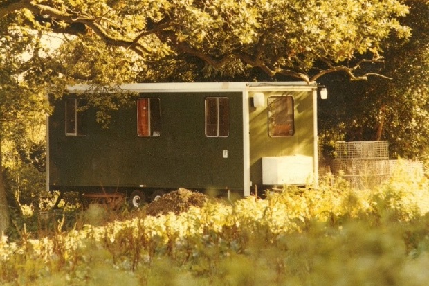 Green portacabin in a field of grass.