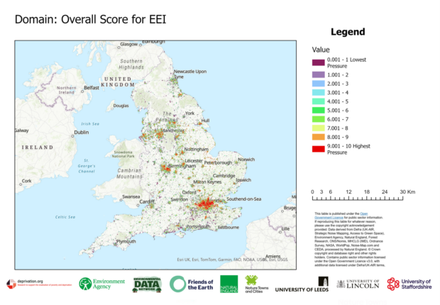 Screenshot of the EEI tool, showing a map of the UK colour coded by EEI score.