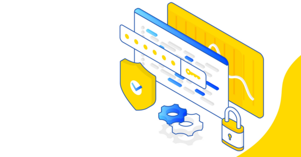 Isometric icons of shield and protection signs symbolising cyber security