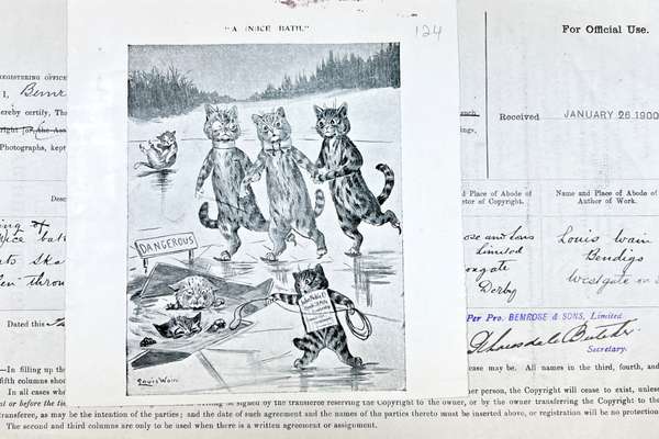 A handwritten entry form can be seen in the background. A illustration of human-like cats ice staking is in the foreground.