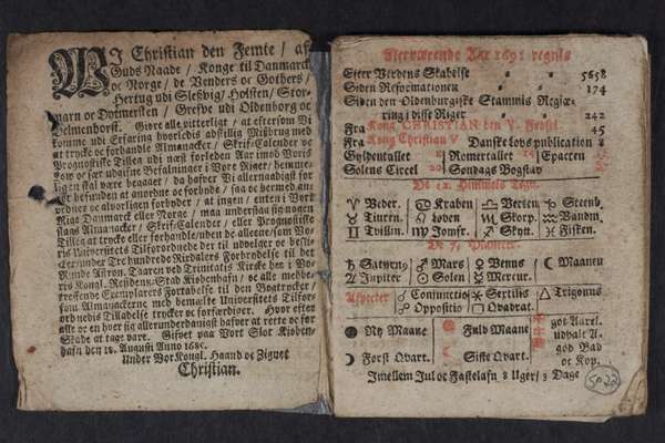 An opened volume showing two pages of ornately handwritten Danish text, including some astronomical symbols.