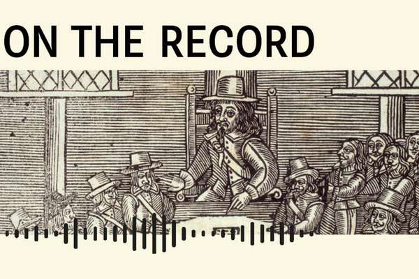text reads, 'On The Record' with woodcut illustration of man speaking to a crowd