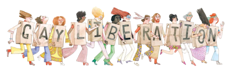 Illustration of a range of people running while holding hands. They each wear a paper bag around their chests with letters that together spell out "Gay Liberation".