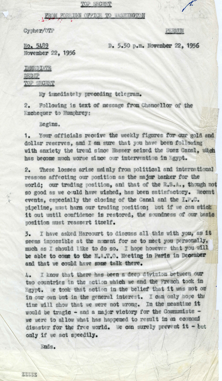 Telegram from Chancellor of the Exchequer Harold Macmillan to US Treasury Secretary George Humphrey, 22nd November 1956 (FO 371/120816)