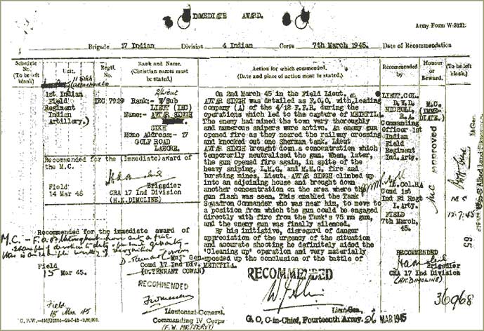 Recommendation of Avtar Singh for the Military Cross (Army Form W3121) (TNA reference: WO 373/40/39)