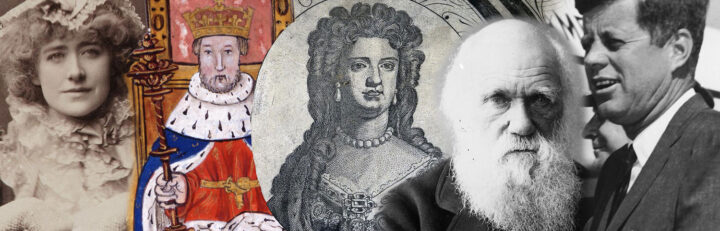 Banner with five images of significant figures in history: Ellen Terry, Henry VIII, Queen Anne, Charles Darwin, and John F. Kennedy.