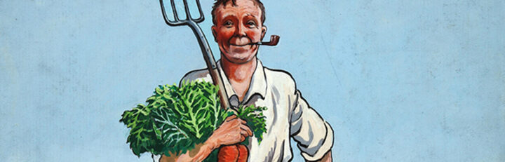 Close-up of government World War 2 poster featuring a man carrying a pitchfork and bundle of vegetables.