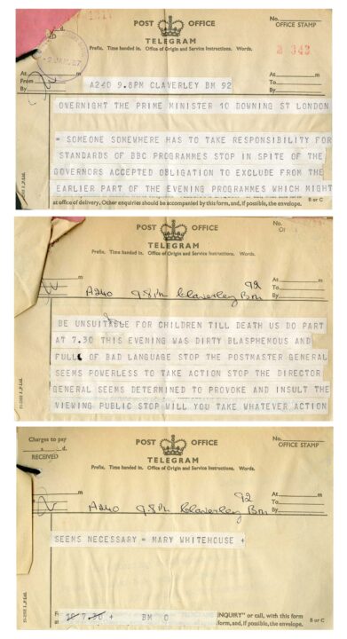 Telegrams in which typed text on white paper has been pasted onto yellow paper.