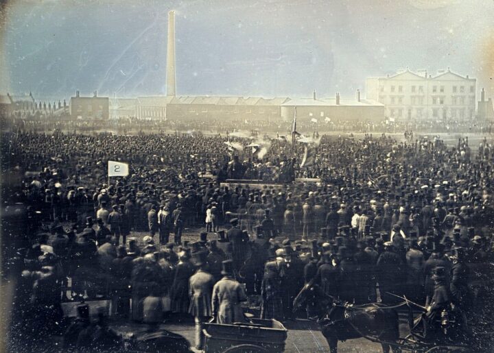 a daguerreotype of the Chartist Meeting at Kennington Common in 1848