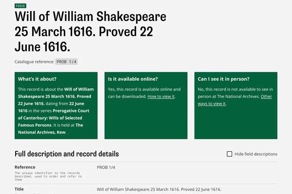 Screenshot of a webpage showing the details of a record - the will of William Shakespeare. At the top of the page are three information boxes showing what the record is about, whether it is available online and whether you can see it in person.