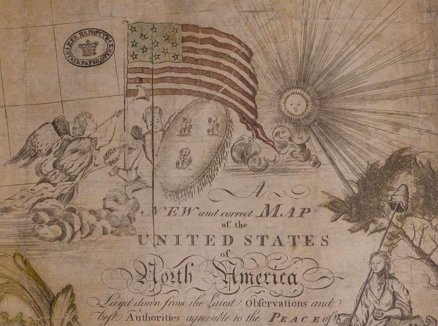 An excerpt of a map of North America focused on a description in the corner that reads 'new and correct map of the United States of North America'. There is an American flag drawn above.
