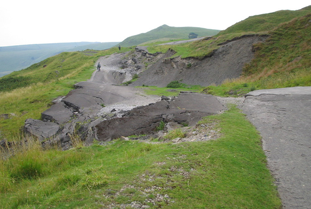 In 1979, the the A625 road was permanently closed to traffic and what remains today is an interesting example of landslide movement and repeated road reconstruction and repair.