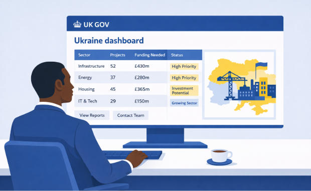 A man sits at a desk looking at a screen. It shows a dashboard of UK Gov information about investing in Ukraine.