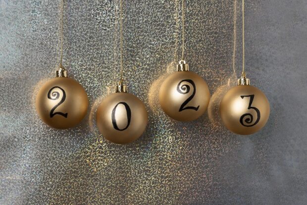 Christmas baubles with 2023 written on them