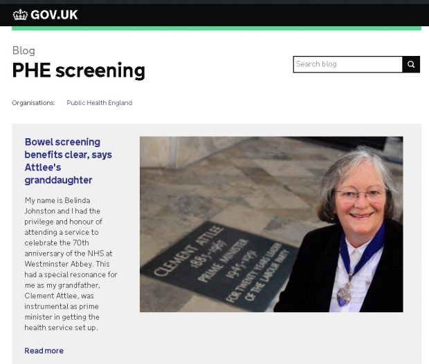 The main PHE blog front page with the highlighted blog article.