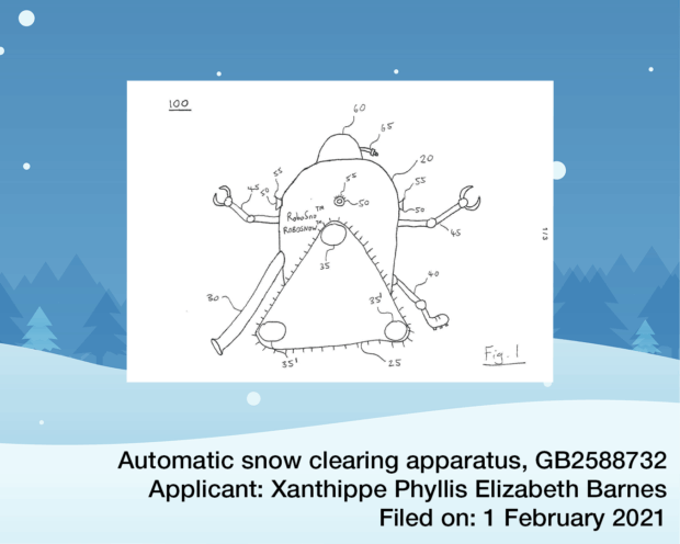 An image of patent GB2588732 on a snow background. Image reads Automatic snow clearing apparatus, GB2588732
Applicant: Xanthippe Phyllis Elizabeth Barnes
Filed on: 1 February 2021