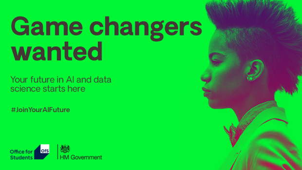 Poster stating 'Game Changers wanted' encouraging students to consider a career in AI and data science.